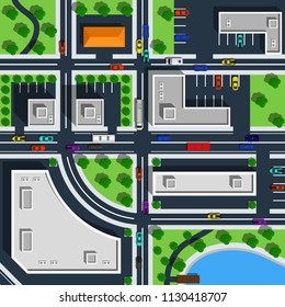 Top view city map includes crossroads, public transport, sport cars and lake.