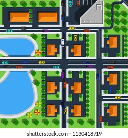 Top view city map includes suburb, crossroads, crosswalks and bridge over the lake.