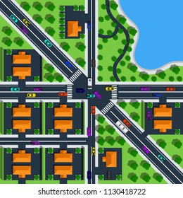 Top View City Map Includes Suburb, Crossroads, Crosswalks And Lake.