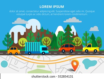 Top view city map with orange pin, road and traffic jam. Road with a lot of cars and truck on nature background. Can used for web banners and info graphic.