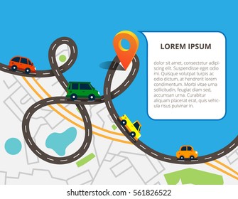 Top view city map with road and a lot of colorful cars, navigation pin. Can used for info graphic and web banners. Vector illustration in flat style.