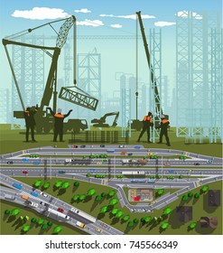 top view city map with streets and parking. Workers and city scape