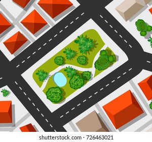 Top view city map of the Urban roofs and crossroads with houses