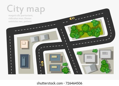 Top view city map of the Urban roofs and crossroads with houses