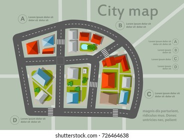 Top view city map of the Urban roofs and crossroads with houses