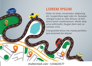 Top view city map with winding roads. Street Map with navigation icons. Navigation concept. Vector illustration can used for web banner and info graphic.