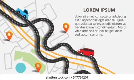 Top view city map with winding roads. Street Map with navigation icons. Navigation concept. Vector illustration can used for web banner and info graphic.