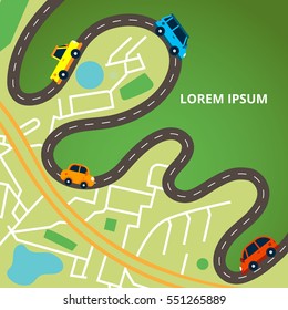 Top view city map with winding road and many colorful cars. Traffic jam. Vector illustration for web banners and info graphic.