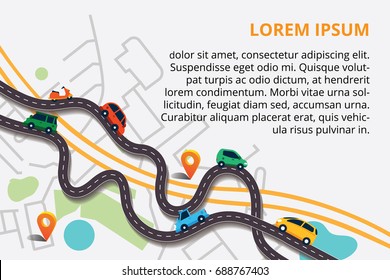 Top View City Map With Winding Roads. Street Map With Navigation Icons. Navigation Concept. Vector Illustration Can Used For Web Banner And Info Graphic.