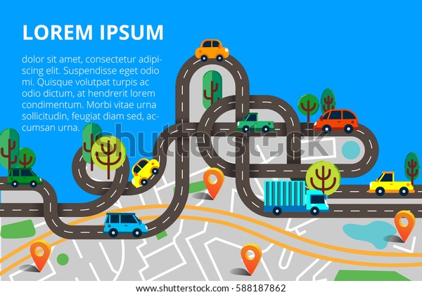 Top view city map with winding roads\
and a lot of colorful cars and trucks. Vector illustration in\
modern flat style for web banners and info\
graphics