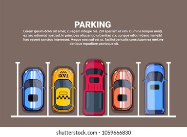 Top View Of City Parking Lots With Set Of Different Cars, Park Zone Banner