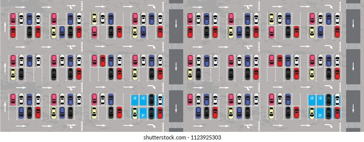 Top view of a city parking lot with a set of different cars.