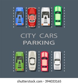 Top view of a city parking lot with a set of different cars. Public car-park. Conceptual illustration of a automobile collection in the flat plain style.