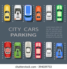 Top view of a city parking lot with a set of different cars. Public car-park. Conceptual illustration of a automobile collection in the flat plain style.