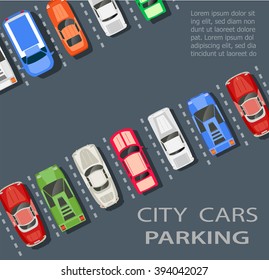 Top view of a city parking lot with a set of different cars. Public car-park. Conceptual illustration of a automobile collection in the flat plain style.