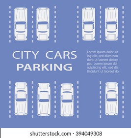 Top view of a city parking lot with a set of different cars. Public car-park. Conceptual illustration of a automobile collection in the flat plain style.