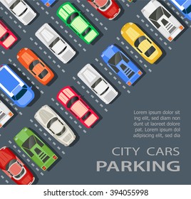 Top view of a city parking lot with a set of different cars. Public car-park. Conceptual illustration of a automobile collection in the flat plain style.
