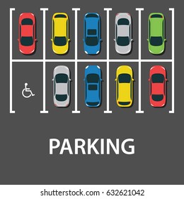 Top view of a city parking lot with a set of different cars. Shortage parking spaces. Parking zone. vector illustration in flat design, web banner