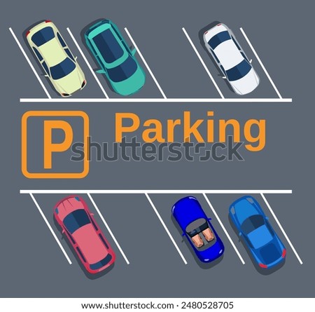 Top view of a city parking lot with a set of different cars. Shortage parking spaces. Parking zone. vector illustration in flat design, web banner