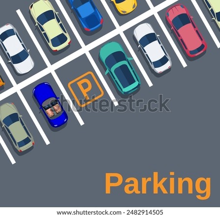 Top view of a city parking lot with a set of different cars. Shortage parking spaces. Parking zone. vector illustration in flat design, web banner