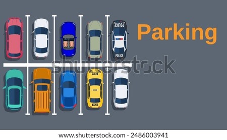 Top view of a city parking lot with a set of different cars. Shortage parking spaces. Parking zone. vector illustration in flat design, web banner