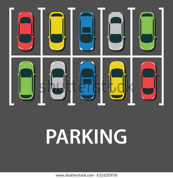さまざまな車のセットを持つ市の駐車場の平面図 駐車スペースが不足している 駐車場 フラットデザイン ウェブバナーのベクターイラスト のベクター画像素材 ロイヤリティフリー