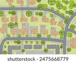 Top view of the city. Plan of town or village with houses, roof, park. Cityscape aerial landscape from above. Background town map Vector Landscape design plan. Highly detailed country map illustration