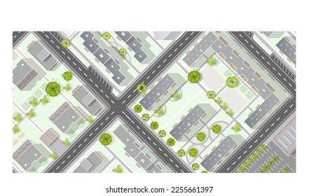 Top view of the city. Plan of town with crossroads, houses, roof, park. Cityscape aerial landscape from above. Background town map. Vector Landscape design plan. Highly detailed country map