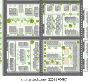 Top view of the city. Plan of town with crossroads, houses, roof, park. Cityscape aerial landscape from above. Background town map. Vector Landscape design plan. Highly detailed country map of quarter