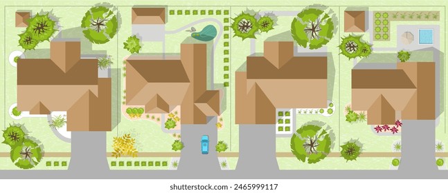 Top view of the city. Plan of town or village with houses, roof, park. Cityscape aerial landscape from above. Background town map Vector Landscape design plan. Highly detailed country map illustration