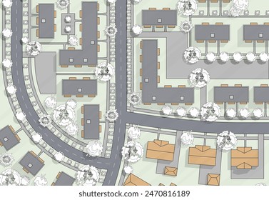 Top view of the city. Plan of town or village with houses, roof, park. Cityscape aerial landscape from above. Background town map Vector Landscape design plan. Highly detailed country map illustration
