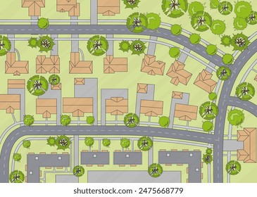 Blick auf die Stadt. Paket von Ort oder Ort mit Häusern, Dach, Park. Stadtbild Luftaufnahmen von oben. Hintergrund Stadtplan Vektorgrafik Landschaft Design Paket. Detaillierte Darstellung der Landeskarte