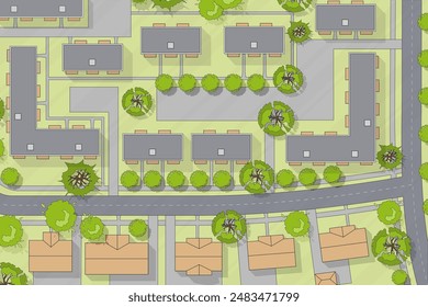 Vista superior de la ciudad. Plan de pueblo o pueblo con casas, tejado, parque. Paisaje urbano Aéreas desde arriba. Fondo mapa de la ciudad Vector Plan de diseño paisajístico. Ilustración del mapa del país altamente detallada