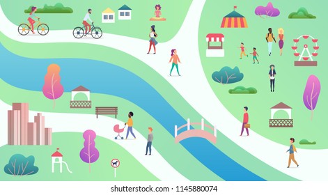 Top view of city public park with river, bridge and walking people vector illustrastion.