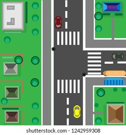 Top view of the city roof of the house and street urban landscape view town infrastructure. Road, street with asphalt. Highway. Direction, transportation set. Vector village view from top flat graphic