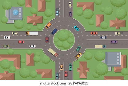 Top view city roundabout with traffic flow and surrounding buildings. Vector illustration