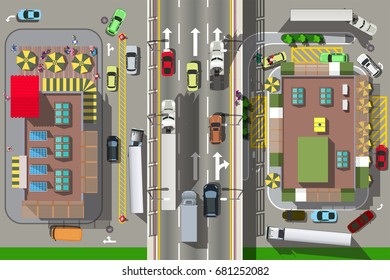 Top View City Scape With Two Fast Food Restaurants Near Speedway