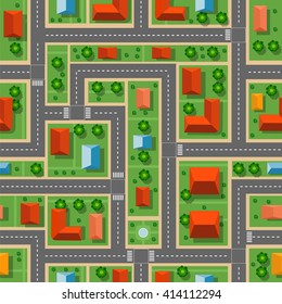 Top view of the city seamless pattern of streets, roads, houses, and cars