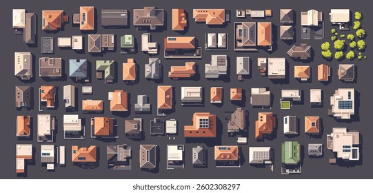 Top view city set with different houses, buildings, trees. Vector illustration eps10. Realistic landscape builder. Cartoon flat style. View from above. Roofs with solar panels.