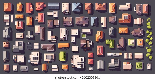 Top view city set with different houses, buildings, trees. Vector illustration eps10. Realistic landscape builder. Cartoon flat style. View from above. Roofs with solar panels.