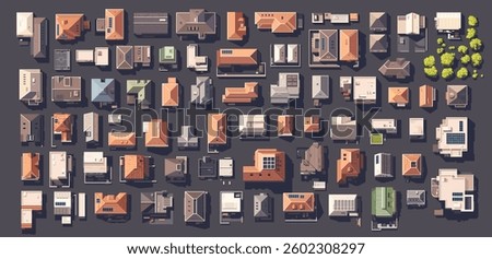 Top view city set with different houses, buildings, trees. Vector illustration eps10. Realistic landscape builder. Cartoon flat style. View from above. Roofs with solar panels.