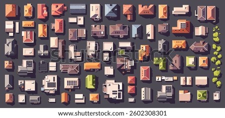 Top view city set with different houses, buildings, trees. Vector illustration eps10. Realistic landscape builder. Cartoon flat style. View from above. Roofs with solar panels.