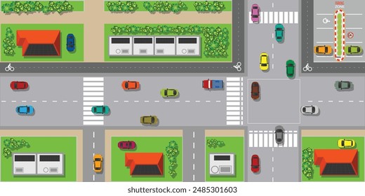 Top view of the city with smart house with roof of solar cell on streets roads and cars, urban landscape vector illustration.