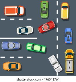 Top view from city street with asphalt and transport. Urban landscape of the big place