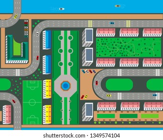 Top view of the city from the streets, roads, houses, and cars. Vector illustration.