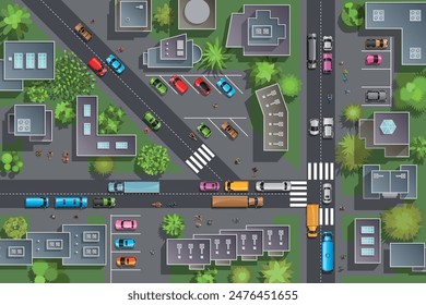 Vista superior de las calles de la ciudad, carreteras, techos, coches, aparcamientos, césped, árboles. Ilustración vectorial. Vista desde arriba.