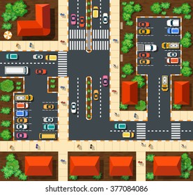 Top view of the city from the streets, roads, houses, and cars