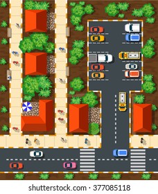 Top view of the city from the streets, roads, houses, and cars