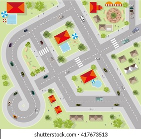 Top View Of The City Of Streets, Roads, Houses, Vector