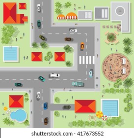 Top view of the city of streets, roads, houses, vector